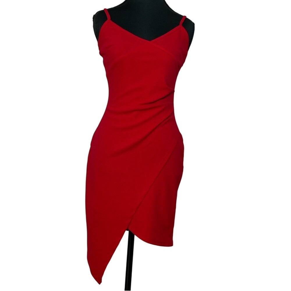 Red faux Wrap Bodycon Dress Asymmetrical Mini Small party date‎ cocktail sexy